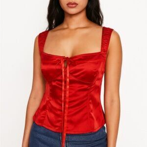 Free People x Brenda King Red Satin Corset Top with Ruched Straps – NWT | Size S
